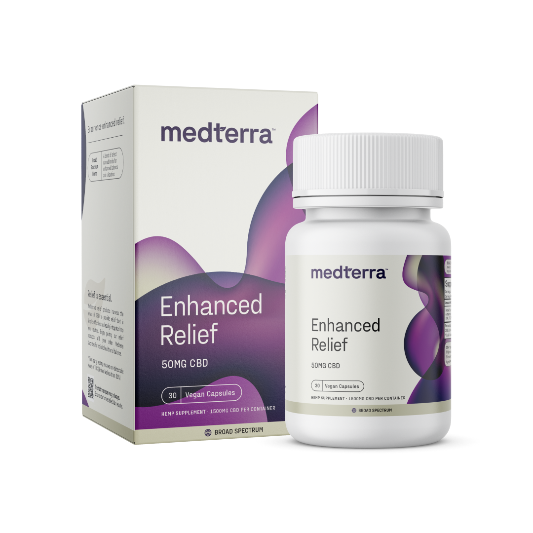 Medterra Enhanced Relief Broad Spectrum Capsules box and bottle, 50mg CBD, Vegan Capsules, 30 count.