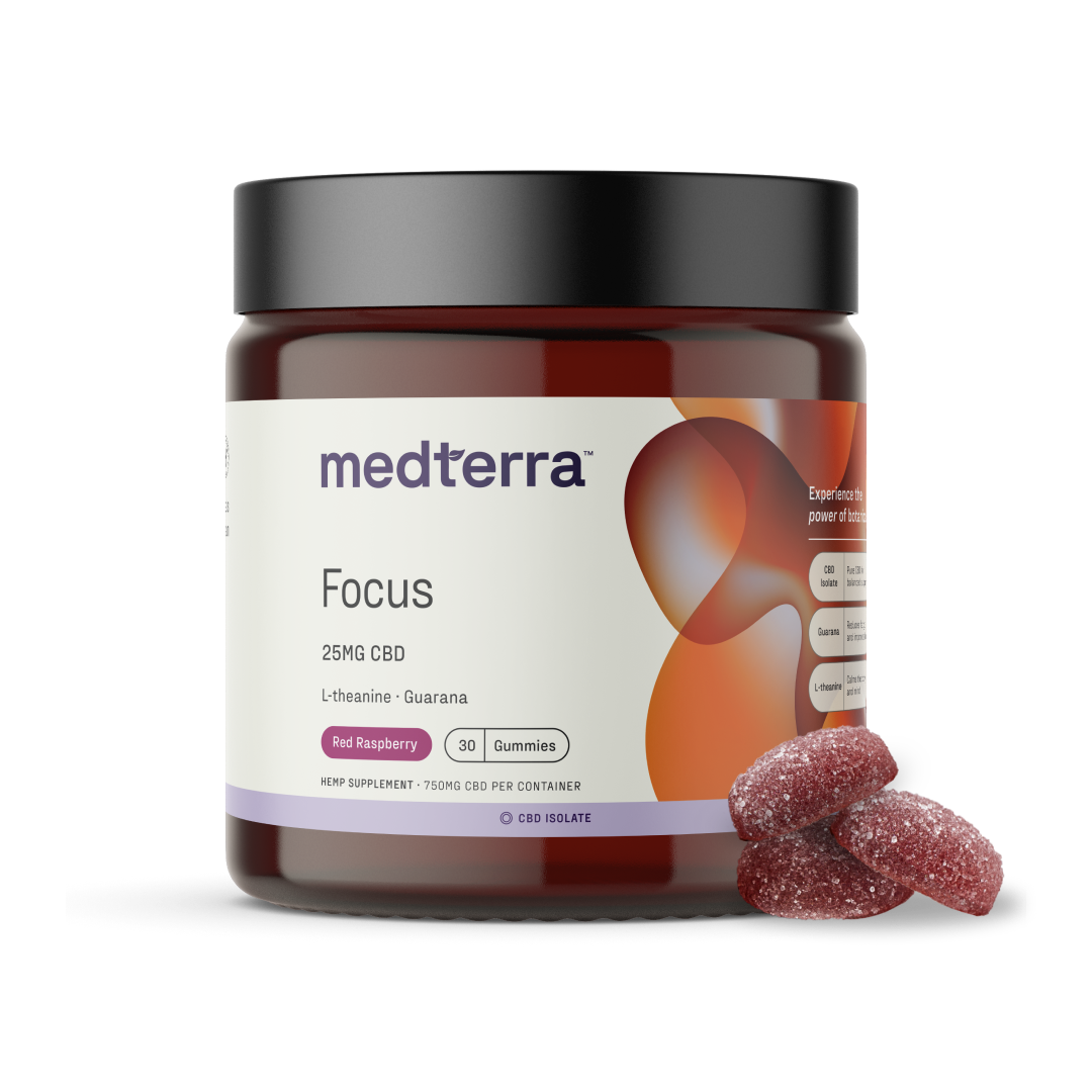 Medterra Focus CBD Gummies container with 25mg CBD, L-theanine, and guarana, red raspberry flavor, 30 gummies.