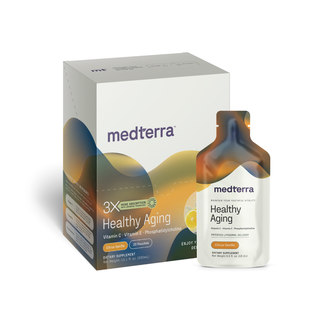 This image showcases Medterra's Healthy Aging dietary supplement. The packaging prominently features key ingredients such as Vitamin D, Vitamin E, Phosphatidylcholine, and liposomal technology. The box is adorned with a lemon slice and wave design, indicating the "Citrus Vanilla" flavor.