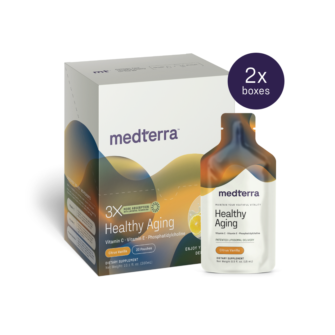 A box and a bottle labeled "Medterra Healthy Aging" are displayed. The product promotes healthy aging and immune health, featuring ingredients such as Vitamin C and Vitamin E. The packaging highlights that it includes three flavors, contains phosphatidylcholine, and features advanced liposomal technology for better absorption. A purple circle reads "2x boxes.