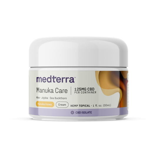 1 fl. oz. jar of Medterra Manuka Care Cream with 125mg CBD isolate, featuring aloe and manuka honey.