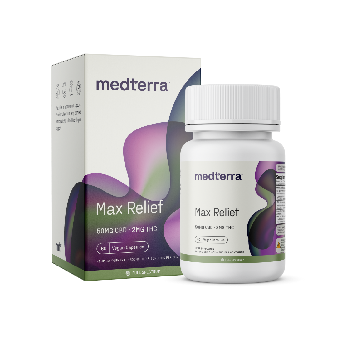 A box and a bottle of Medterra's Max Relief Full Spectrum Capsules are shown. The bottle label indicates it contains 60 capsules, each with 50mg CBD and 2mg THC. The box features a purple and green gradient design on a white background with text that highlights the benefits of the Entourage Effect.