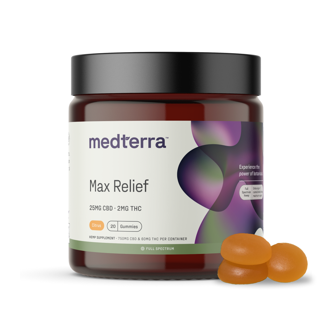Medterra Max Relief Full Spectrum CBD Gummies, 25mg CBD, 2mg THC, citrus flavor, 20 gummies in a jar.