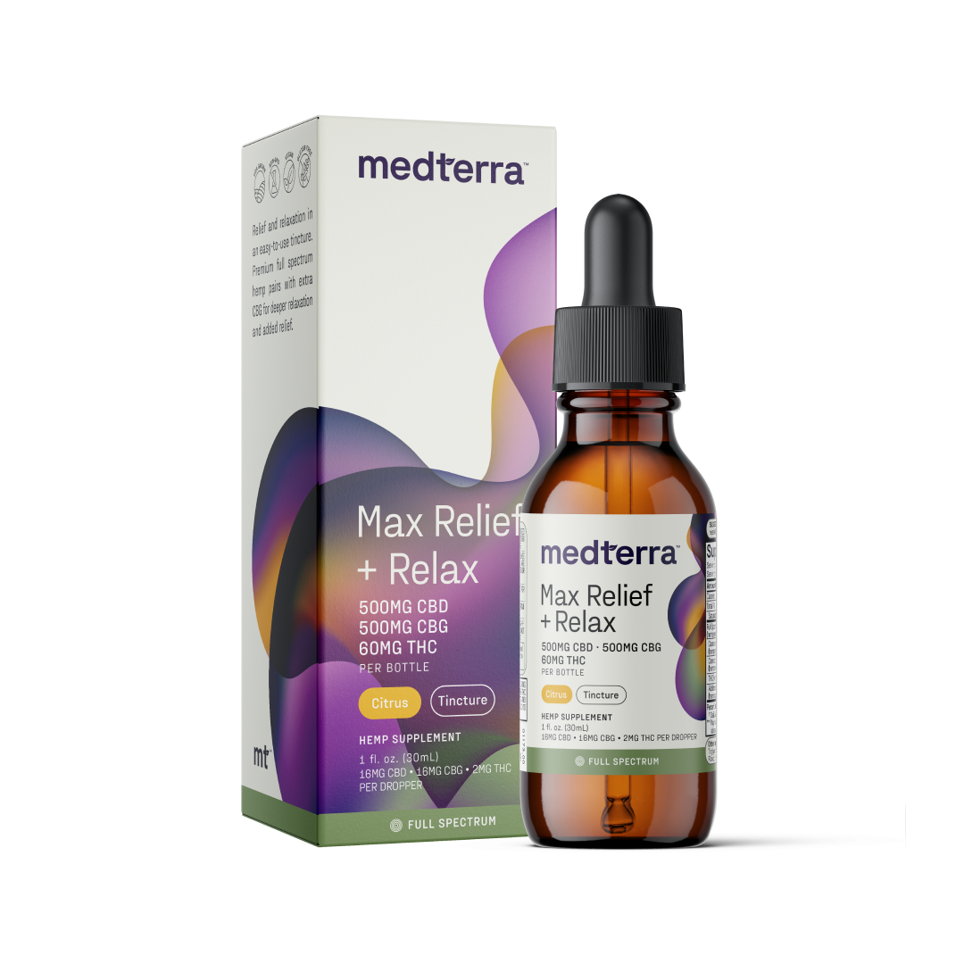 A bottle of Medterra Max Relief + Relax Full Spectrum CBD Oil sits in front of its packaging. The label displays 500mg CBD, 600mg CBG, and 60mg THC with a citrus flavor. The package mirrors the design and details, offering relaxation support through its unique entourage effect combination.