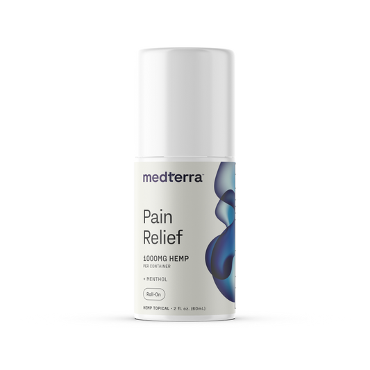 Medterra Pain Relief Roll-On, 1000mg CBD, menthol, 2 fl. oz. bottle for joint pain relief.