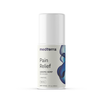 A 2 fl. oz. (60 mL) bottle of Medterra Pain Relief Roll-On is depicted. The label specifies it contains 1000mg of CBD and menthol, making it an excellent choice for easing joint pain. The bottle comes with a white cap and features a white label adorned with blue and gray design elements.