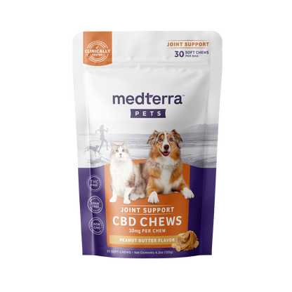 Front view of a Medterra package featuring Pet CBD Joint Support Chews for dogs and cats. The bag is purple and white, displaying a brown and white dog with a grey and white cat. Text highlights peanut butter flavor, 10mg CBD per chew, and glucosamine for your pet’s joint health.