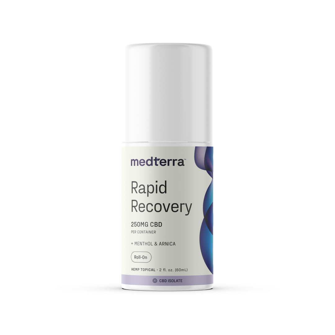A white cylindrical bottle labeled "Medterra Rapid Recovery CBD Roll On" contains 250mg of CBD, menthol, and arnica. Featuring a roll-on applicator for convenient joint and muscle support, this 2 fl oz (60mL) product offers a rapid cooling effect. The background is plain white.
