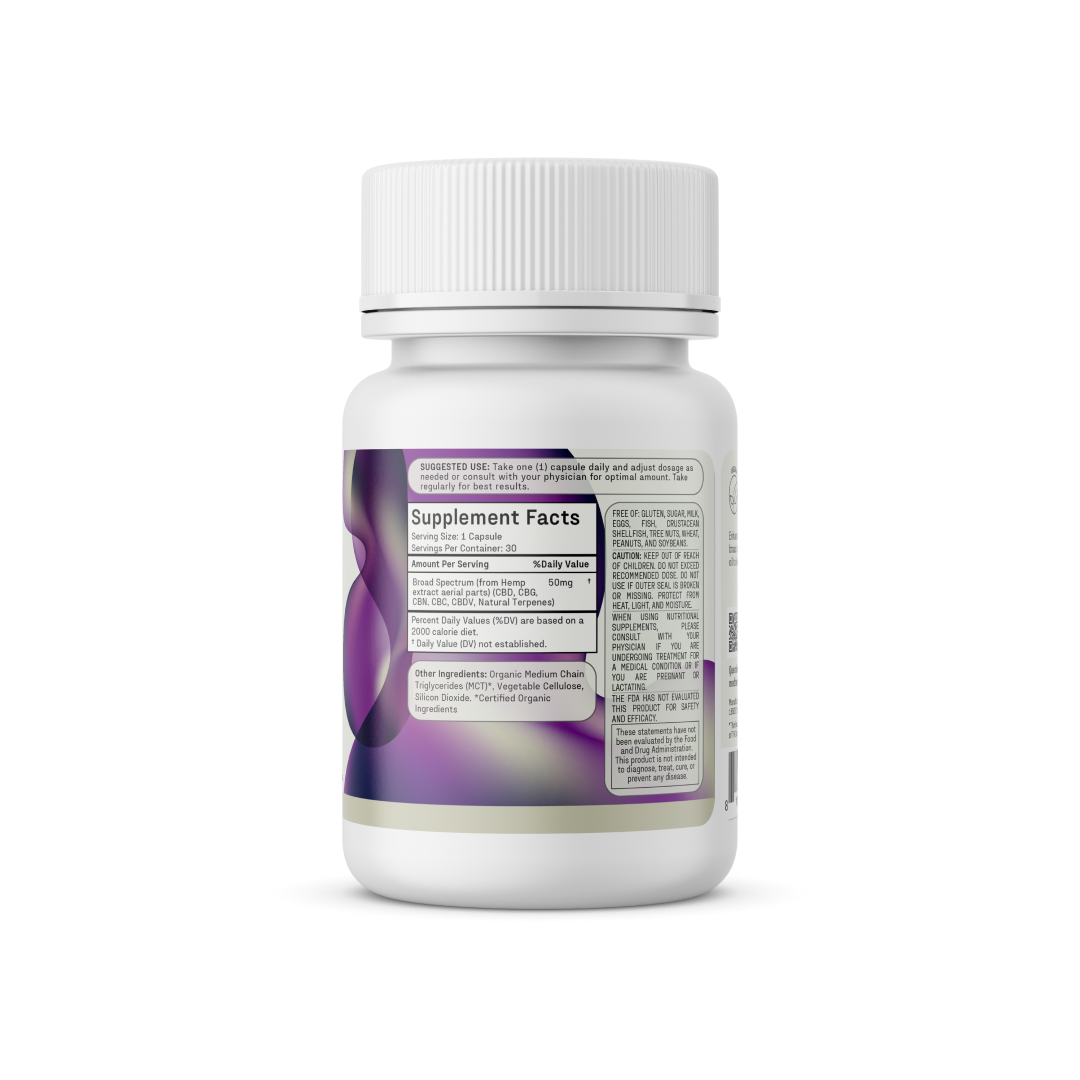 A bottle of Medterra's Enhanced Relief Broad Spectrum Capsules, featuring a white cap and a label that displays supplement facts. The label showcases purple and white design elements, highlighting its Ultra Broad Spectrum formula, while the bottle is set against a plain, white background.