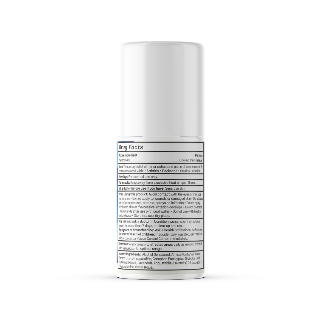 A white cylindrical container with a rounded cap, displaying a label with "Drug Facts" at the top. The label lists active ingredients, uses, warnings, and directions for Medterra's Pain Relief Roll-On with 1000mg CBD joint pain relief formula. The container is isolated on a white background.