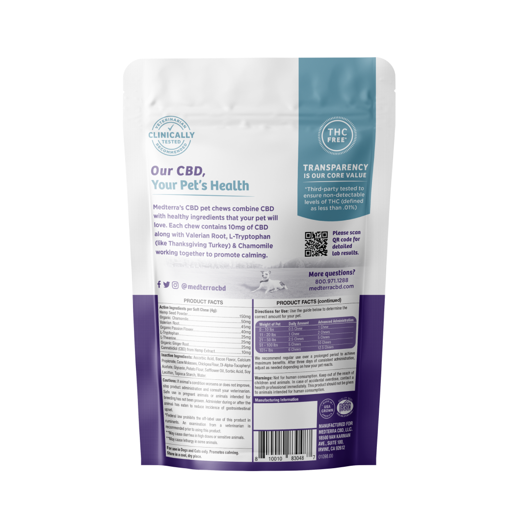 A resealable white and purple bag of Medterra's Pet CBD Calming Chews. The front showcases product details such as "Clinically Tested," "THC Free," and "Our CBD, Your Pet's Health." Enhanced with Valerian Root, the back provides comprehensive ingredients, dosage instructions, and contact information.