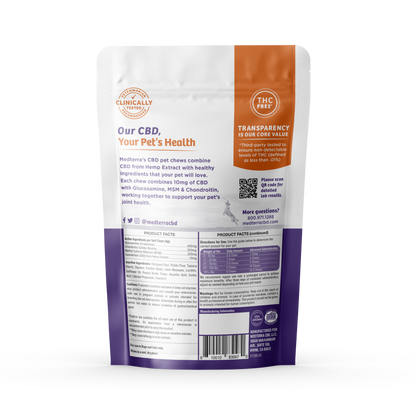 The image shows the back of a white and orange package of Medterra Pet CBD Joint Support Chews. The text includes product information, benefits such as Glucosamine for your pet’s joint health, and supplement facts. The package also indicates that it is THC-free and clinically tested.