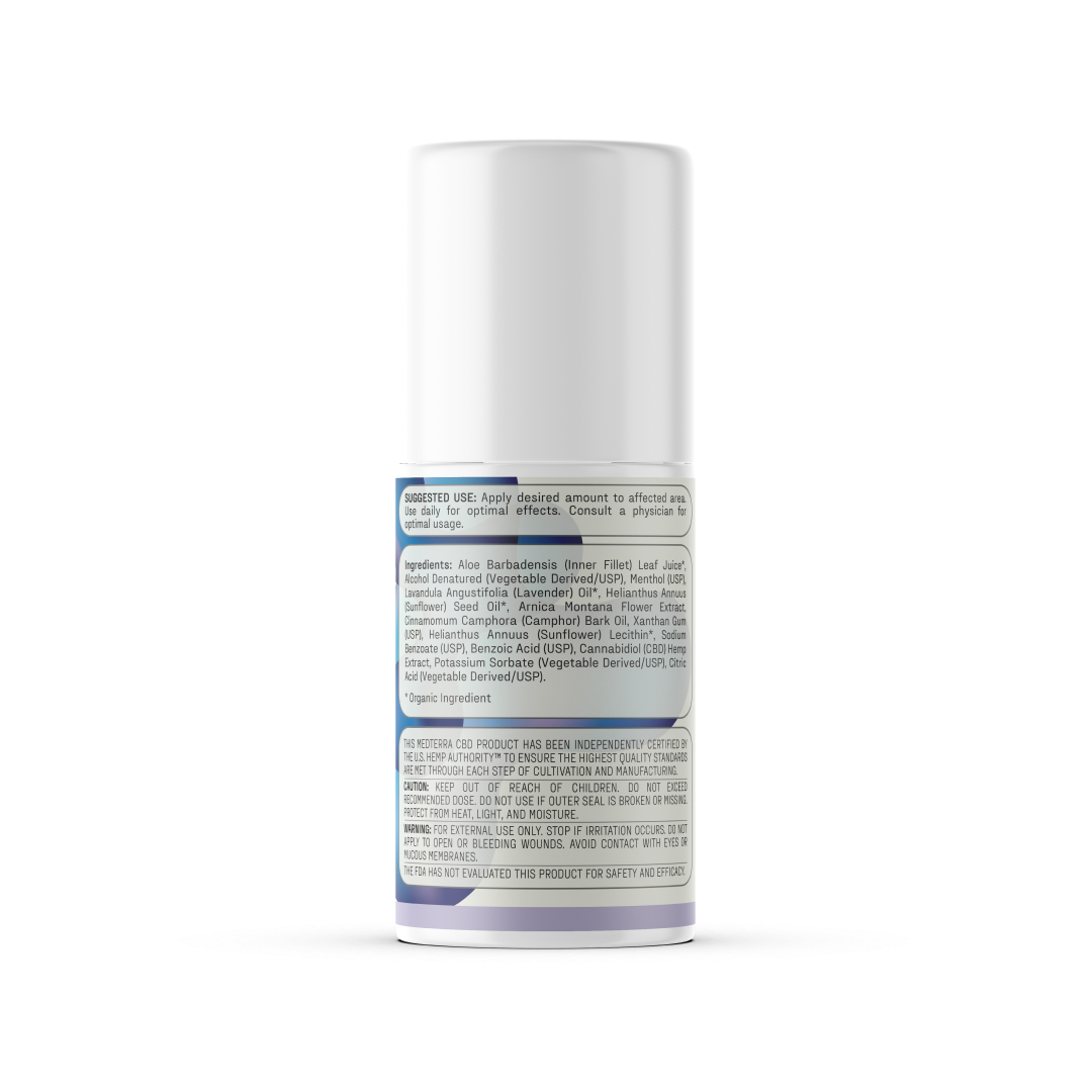 The Rapid Recovery CBD Roll On by Medterra is displayed in a white cylindrical bottle with a gray cap. The front label details ingredients like Aloe Barbadensis Leaf Juice along with other substances, including CBD designed to support joints and muscles. There are directions for use and certifications listed, though the text is too small to read clearly.