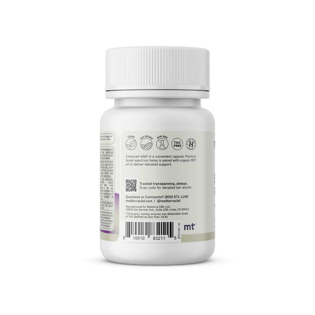 A white bottle of Medterra's Enhanced Relief Broad Spectrum Capsules, featuring Ultra Broad Spectrum CBD and certified as non-GMO, gluten-free, and vegan. The bottle includes a QR code and directions for use with a white cap on top. The background is plain white.