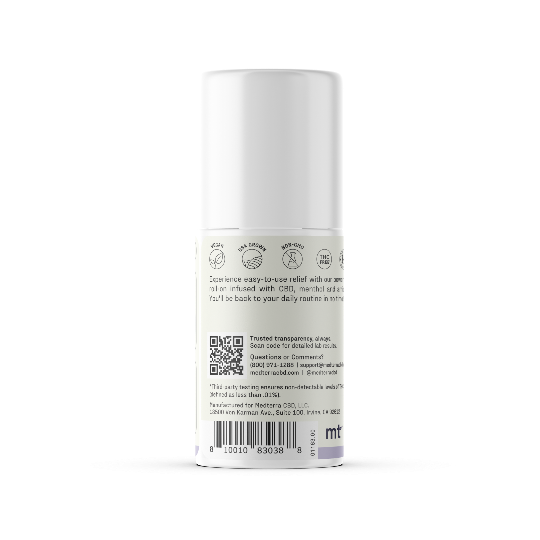 Image of the "Rapid Recovery CBD Roll On" by Medterra, featuring a white cylindrical container with a rounded cap. The label includes icons, text in small font, a QR code, and product information. Designed for topical application, this roll-on offers joint and muscle support with a rapid cooling effect.