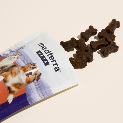 A Medterra Pet CBD Joint Support Chews pouch is open with multiple bone-shaped dog treats spilling out. The pouch features an image of a dog and a cat, with a purple and orange design. Perfect for your pet’s joint health, these treats are infused with CBD Joint Support. The background is a light, neutral color.
