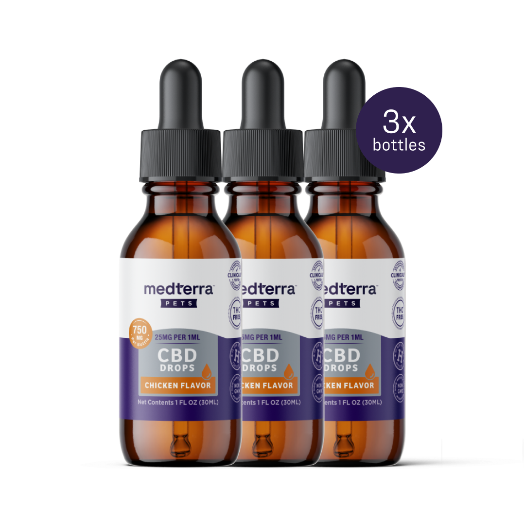 Three amber bottles of Medterra Pet CBD Drops, chicken flavor with black droppers, are shown. Each 1 oz bottle contains 750 mg CBD to support joint health, labeled "3x bottles" for easy dispensing to your furry friend.