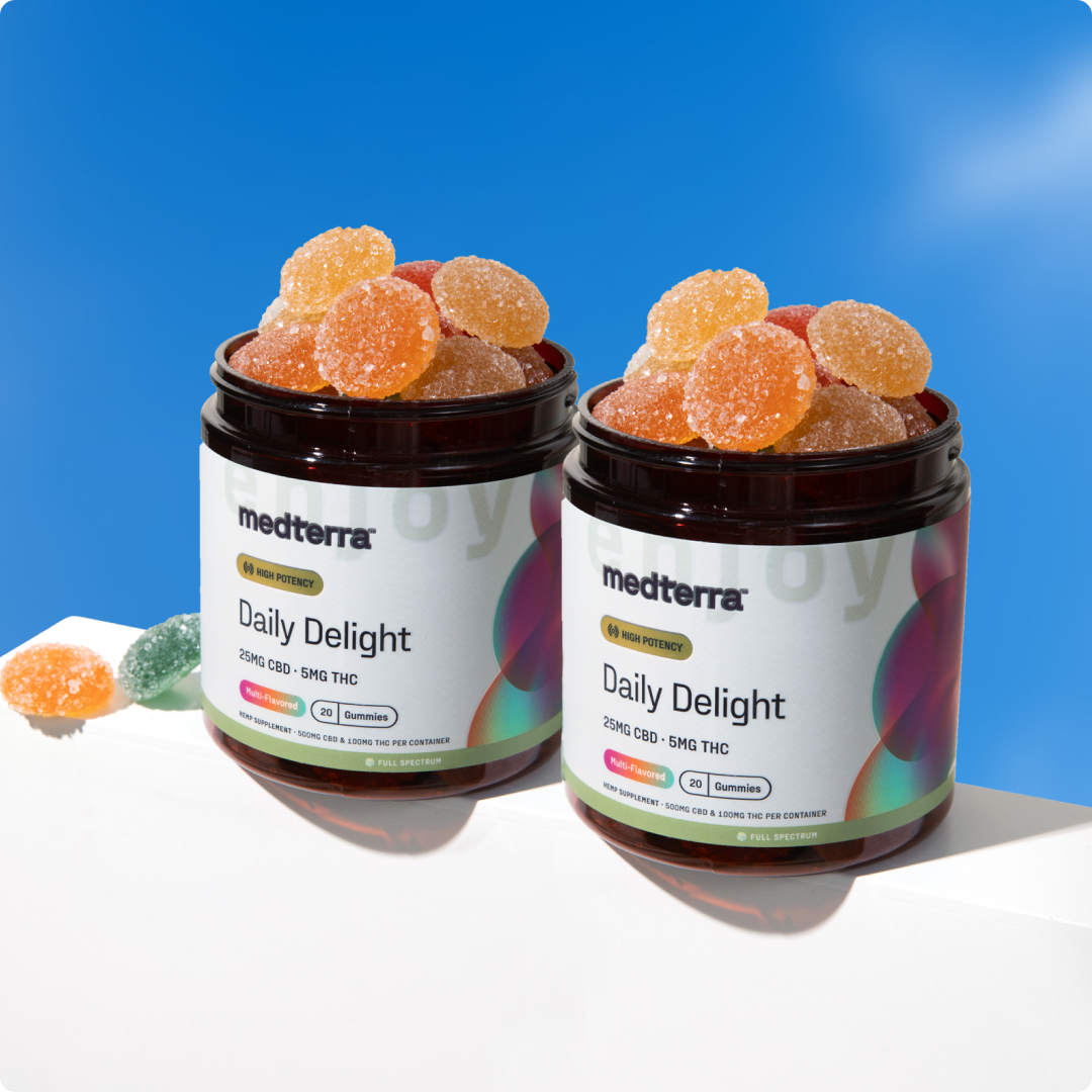 The Medterra Daily Delight Bundle, featuring two jars of colorful, sugar-coated CBD gummies, is displayed on a white surface with a vibrant blue background.