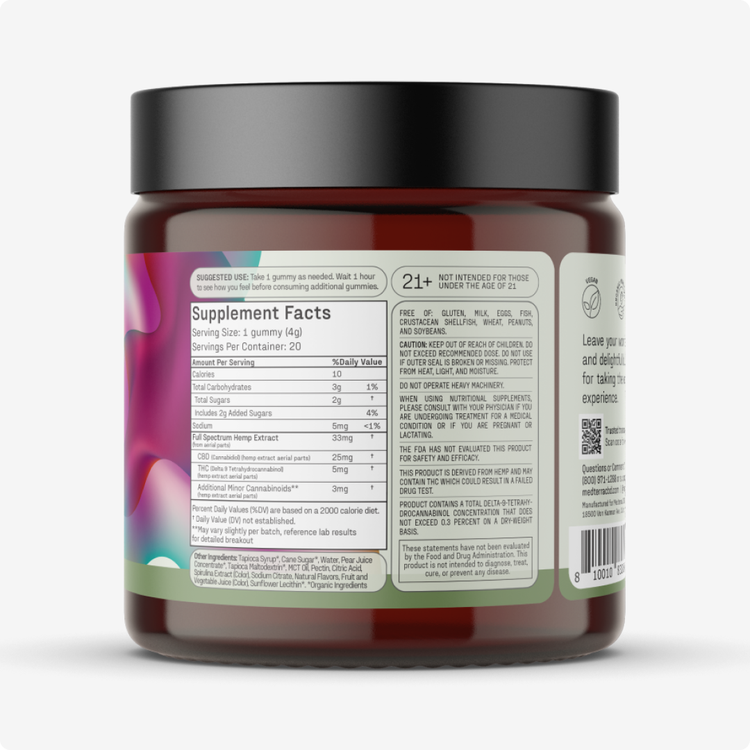A jar from Medterra’s Daily Delight Bundle with a black lid shows Supplement Facts, ingredients, serving size, and nutritional info on a white label with colorful abstract design and text.