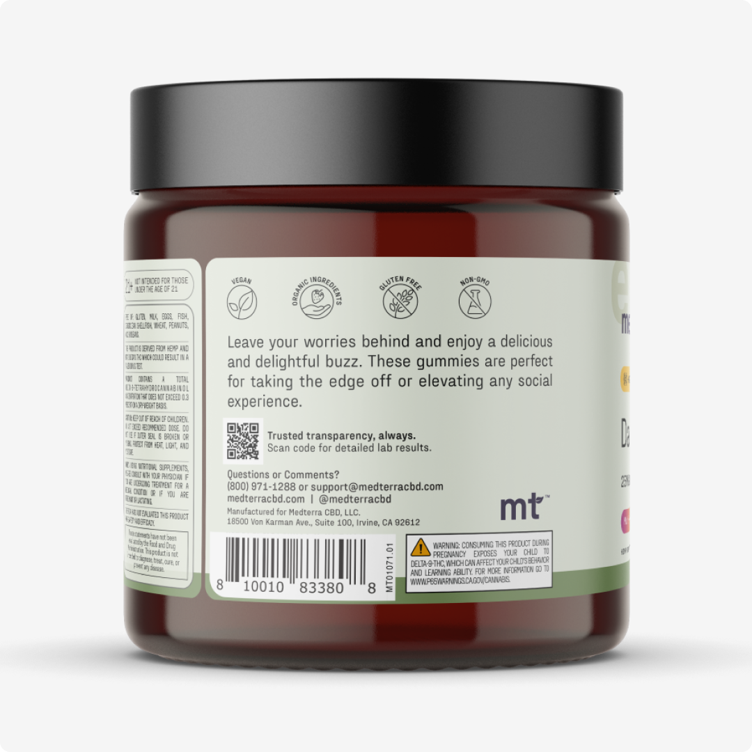 A brown Medterra Daily Delight Bundle jar with a black lid displays its back label, including icons, a CBD gummies description, contact info, barcode, and branding. The jar is set against a white background.