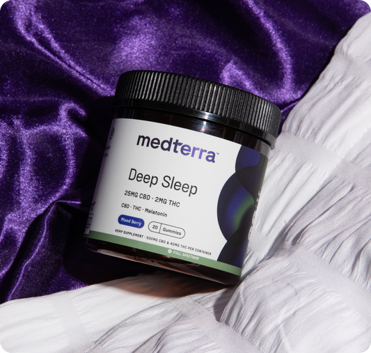 The Better Sleep Bundle by Medterra includes two jars: "Deep Sleep" with 25mg CBD, 2mg THC, and melatonin, and "Sound Asleep" with 50mg CBD, 5mg THC, melatonin, and L-theanine. Both have dark lids and are labeled to enhance relaxation.