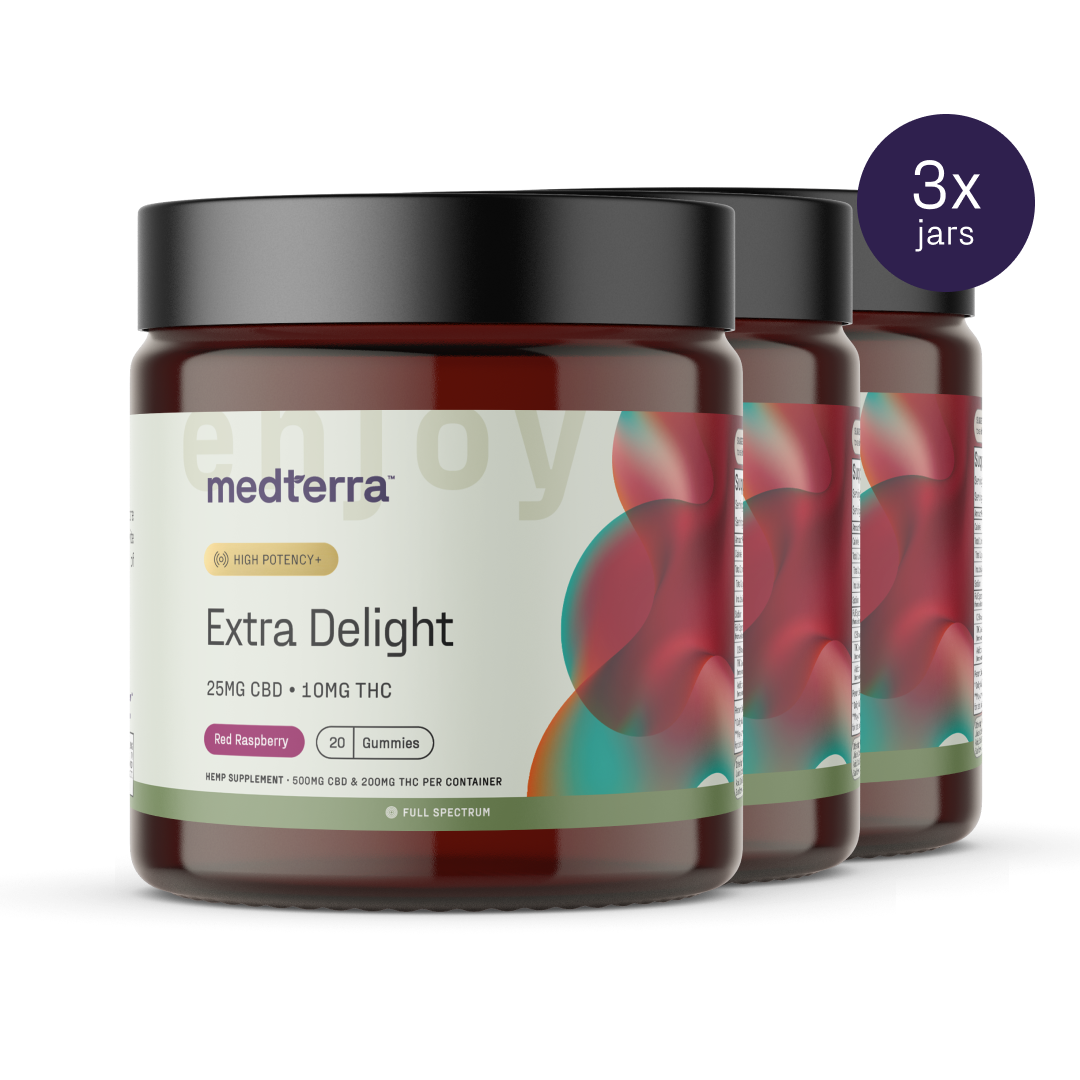 Three jars of Medterra Extra Delight 10mg THC Gummies, labeled “25mg CBD + 10mg THC” and “High Potency.” A purple circle reads “3x jars.” Amber jars with black lids hold delicious red raspberry gummies.
