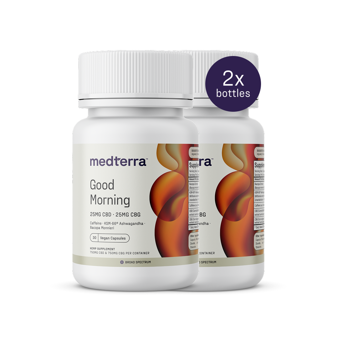 Two Medterra Good Morning Capsules bottles feature CBD and CBG details, vibrant purple and orange abstract designs on white bottles, adaptogenic herbs, and a "2x bottles" mark in the top right for clarity.