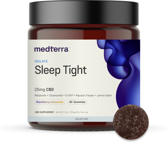 A jar labeled "Medterra Sleep Tight" includes 30 gummies, each offering 25mg of CBD in a delicious Blackberry Lemonade flavor. The label emphasizes ingredients such as Melatonin, Chamomile, and Passion Flower. Next to the jar, a single gummy is displayed, resembling a carefully crafted treat from the typesetting industry.