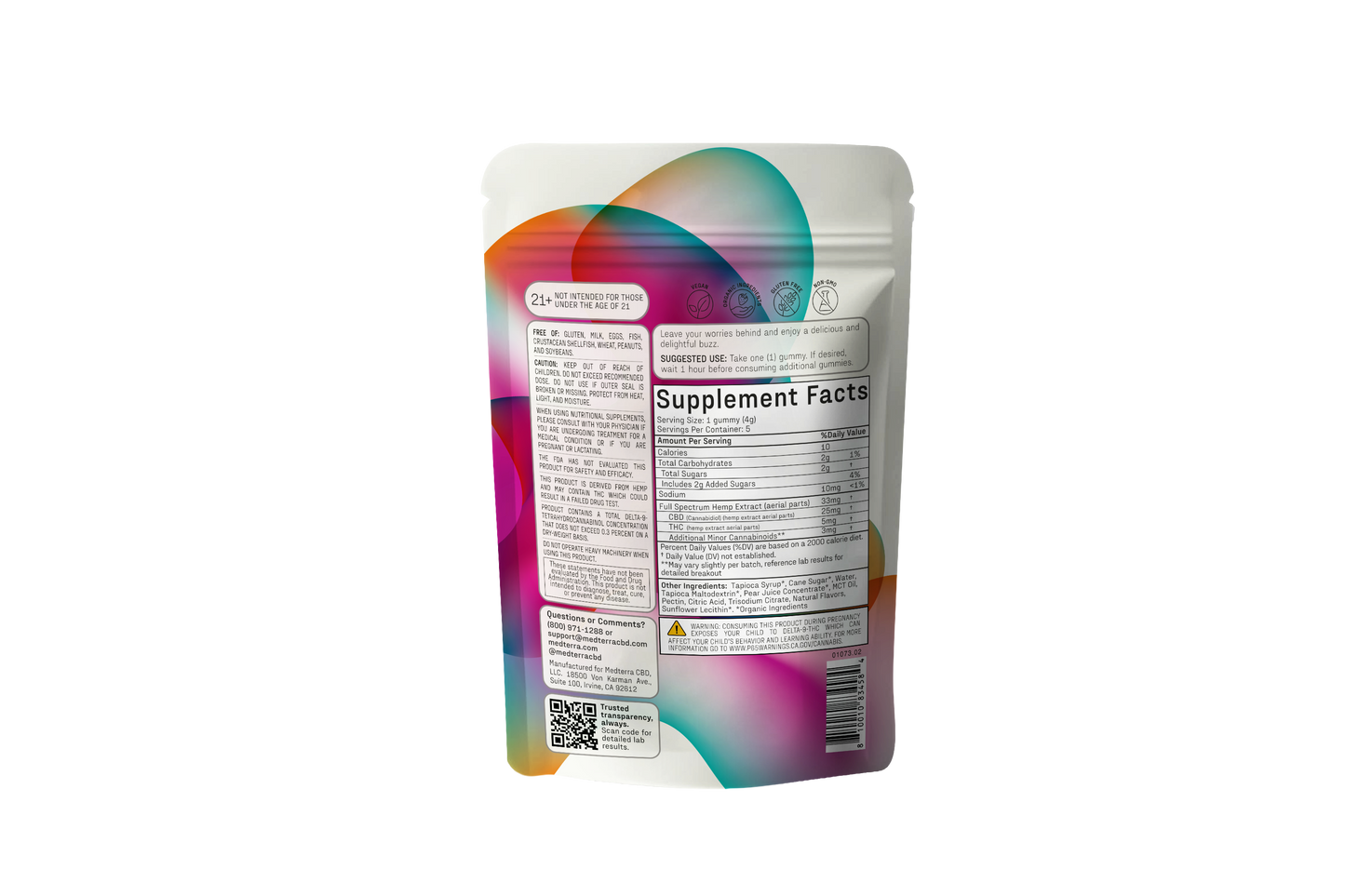 A colorful resealable pouch of Medterra Daily Delight Gummies Sample Pack, featuring a white label with Supplement Facts, nutrition info, and a QR code on the back, displayed against a plain white background.
