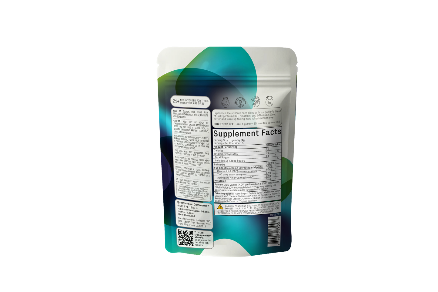 The Medterra Full Spectrum Sound Asleep Gummy Sample Pack comes in a resealable pouch with a blue, green, and white design. The upright pouch displays supplement facts, ingredients, instructions, and a QR code on the back against a white background.