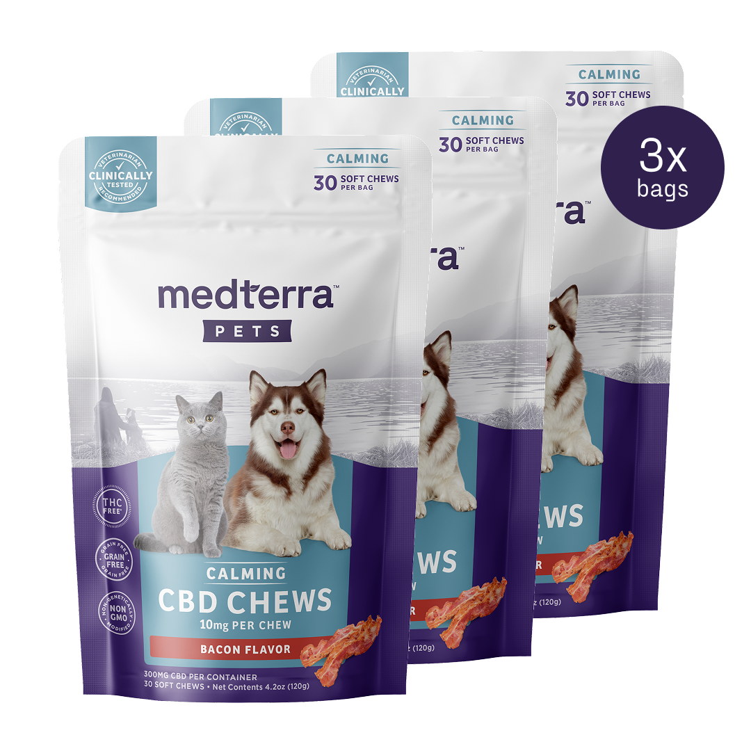 Displayed are three bags of Medterra's Pet CBD Calming Chews, adorned with a cat and dog on bacon-flavored packaging. Each bag contains 30 chews, each with 10mg CBD and L-Tryptophan. A "Clinically Tested" badge is visible in the top left corner, emphasizing quality.