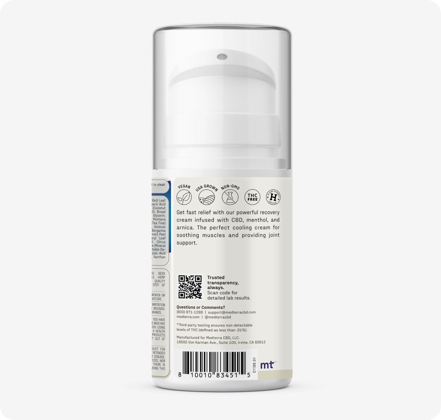 A white pump bottle of Medterra Rapid Recovery Cooling 2000mg CBD Cream features menthol and arnica for muscle and joint relief, soothing benefits, certification icons, and a QR code on the label.