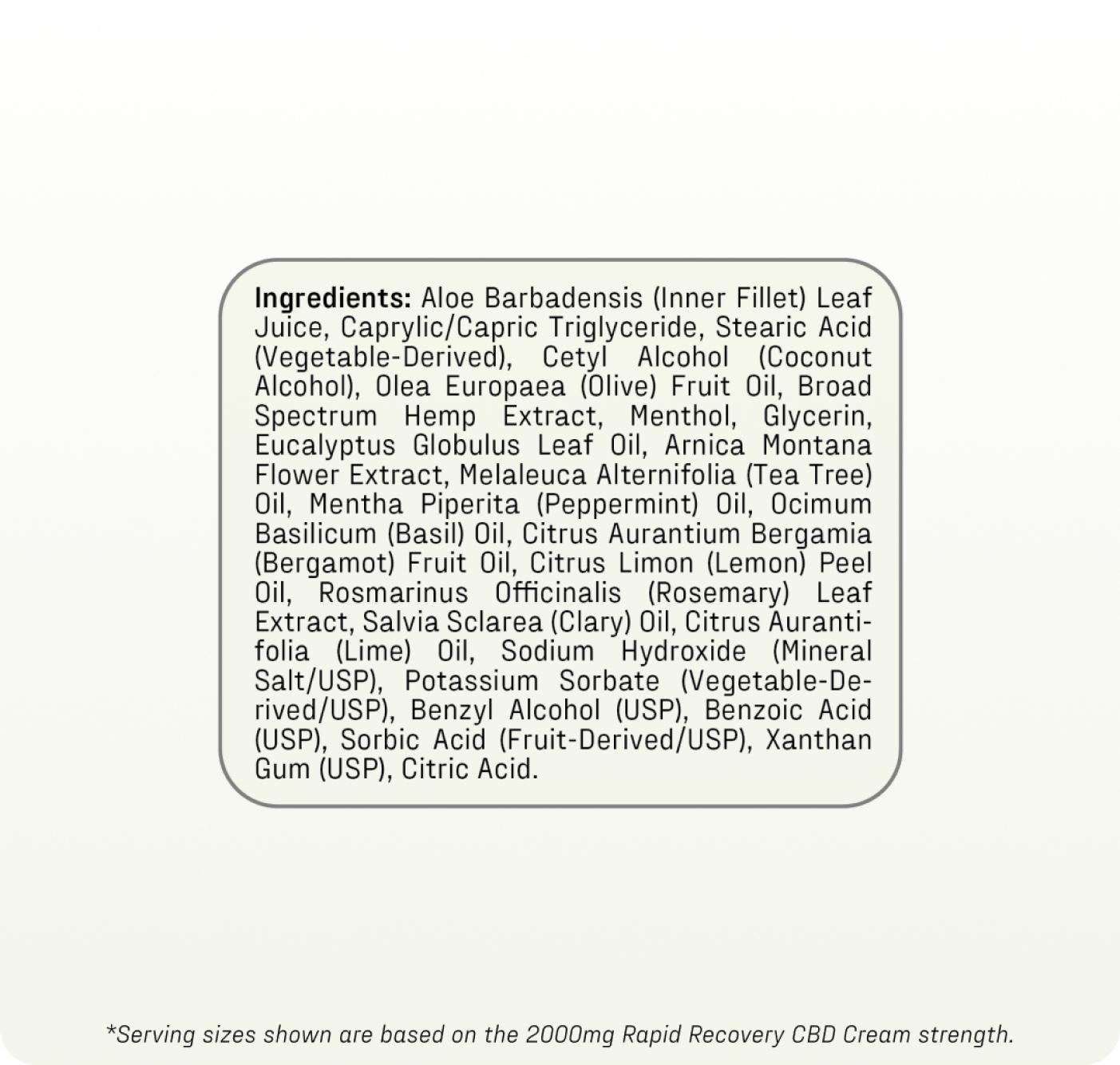 Ingredients list for Rapid Recovery CBD cream, including aloe barbadensis, hemp extract, menthol, and essential oils.