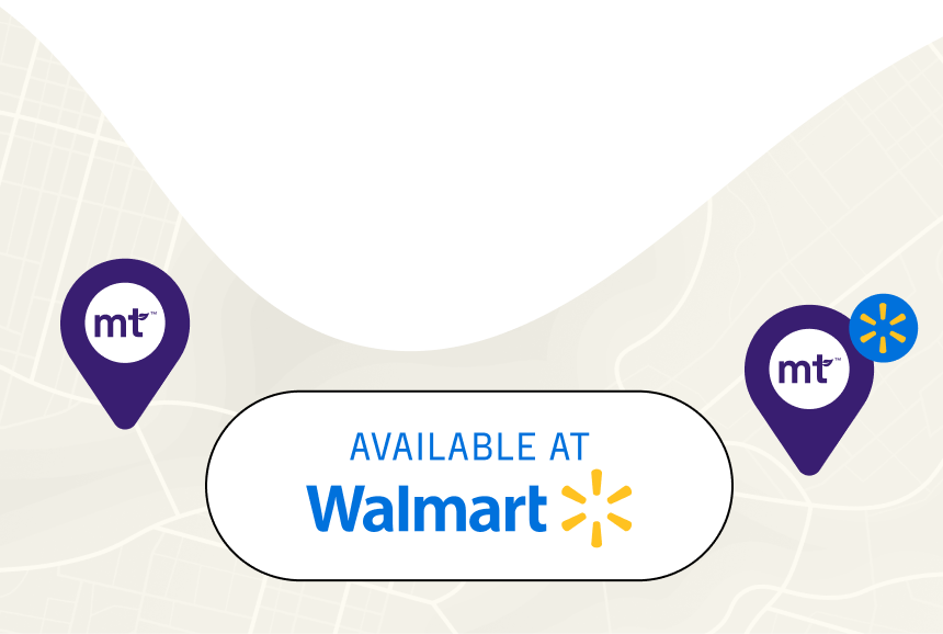 Map with two purple location pins labeled mt tm and a center badge reading AVAILABLE AT Walmart