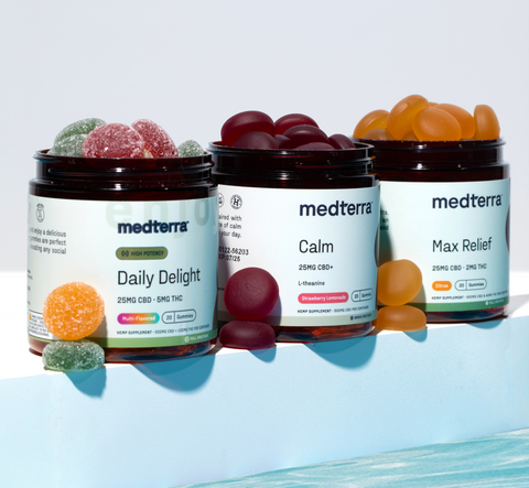 Three jars of Medterra CBD gummies: Daily Delight, Calm, and Max Relief, with colorful gummies on top.