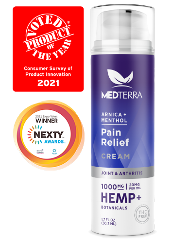 A bottle of Medterra CBD Pain Relief Cream is displayed on a white background. The label indicates it contains 1000mg of hemp per 1.7 fl oz. Perfect for arthritis and joint pain, the cream is flanked by two award badges: "Voted Product of the Year 2021" and "2021 Expo West NEXTY Awards Winner.