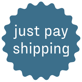 Badge with text 'just pay shipping' in white on a blue starburst background