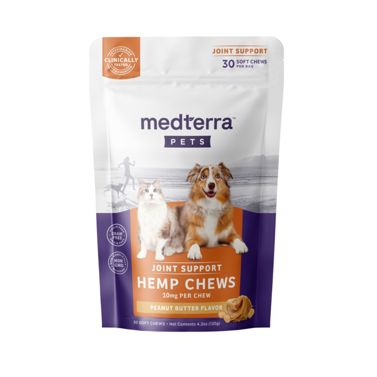medterra PETS Joint Support Hemp Chews 10mg per chew Peanut Butter Flavor 30 soft chews per bag, with images of a cat and a dog on the package