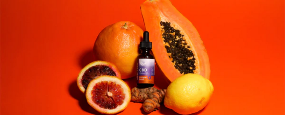 Blood orange, lemon, papaya, turmeric, and CBD tincture on an orange background