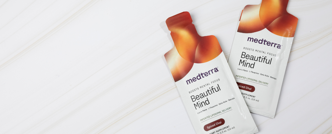 Two packets of Beautiful Mind supplement by Medterra, featuring a sleek design and the text 'Beautiful Mind' prominently displayed.
