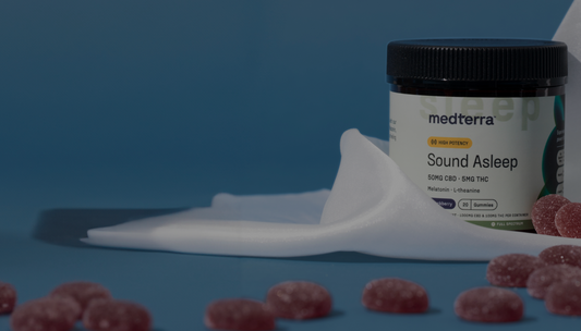 medterra jar labeled 'Sound Asleep' — HIGH POTENCY; 50MG CBD · 5MG THC; Melatonin · L-theanine; Blackberry 20 Gummies; FULL SPECTRUM; gummies on table