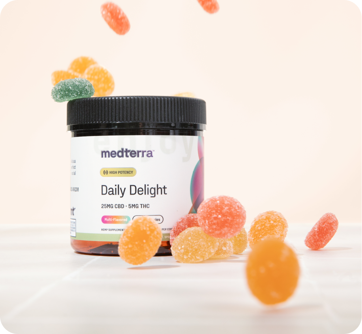 medterra Daily Delight jar; HIGH POTENCY; 25MG CBD · 5MG THC; Multi-Flavored; HEMP SUPPLEMENT; gummies around.