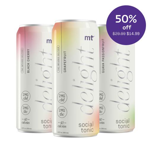 Image showing three cans of "delight" social tonic, labeled with flavors Black Cherry, Grapefruit, and Guava Passionfruit. Each can contains 2MG CBD and 2MG THC, with 40 calories. A circular purple tag reads "50% off, was $29.99, now $14.99."