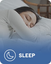 A person sleeps peacefully on a white pillow. The image has a blue overlay at the bottom with a crescent moon icon and the word "SLEEP.