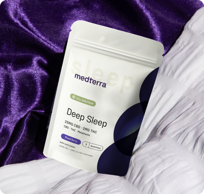 The Medterra Sleep Kit, ideal for your bedtime routine, is shown on purple satin and white fabric. The packaging highlights 25mg CBD, 2mg THC, CBN, and melatonin for deep sleep support.