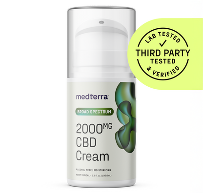 A bottle of Medterra WM: Broad Spectrum 2,000mg Cream features a green abstract design, is alcohol-free and moisturizing with botanical ingredients. A yellow badge states "Lab Tested, Third Party Tested & Verified.