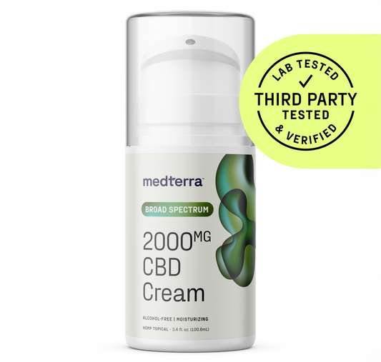 A bottle of Medterra WM: Broad Spectrum 2,000mg Cream features a green abstract design, is alcohol-free and moisturizing with botanical ingredients. A yellow badge states "Lab Tested, Third Party Tested & Verified.