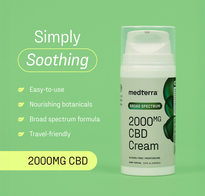 A bottle of Medterra WM: Broad Spectrum 2,000mg Cream on a green background with text: “Simply Soothing,” “Easy-to-use,” “Nourishing botanical ingredients,” “Travel-friendly,” and “2,000mg CBD.”.