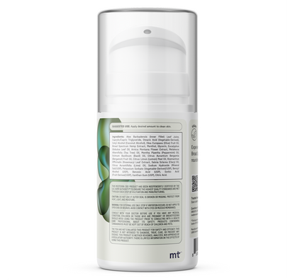 A white bottle of Medterra WM: Broad Spectrum 2,000mg Cream with a pump and clear cap. The label features green swirls, black and gray text, botanical ingredients, and directions for use.