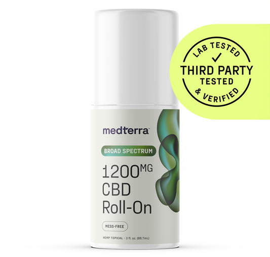 The Medterra WM: Broad Spectrum 1,200mg Roll-On comes in a white bottle with green abstract accents and a “Lab Tested, Third Party Tested & Verified” yellow label—ideal for your daily wellness routine.